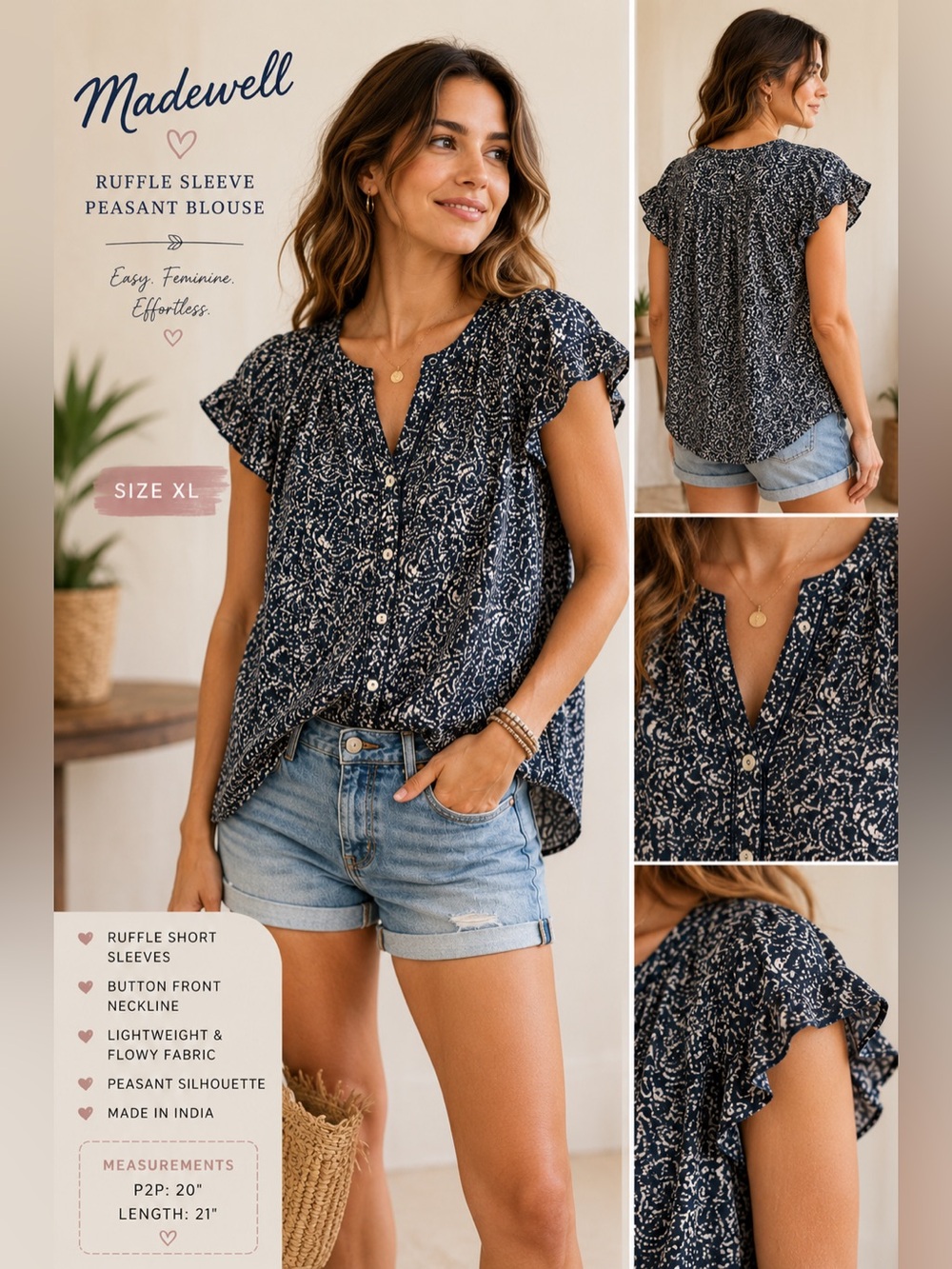 Madewell Navy Floral Ruffle-Sleeve Peasant Blouse